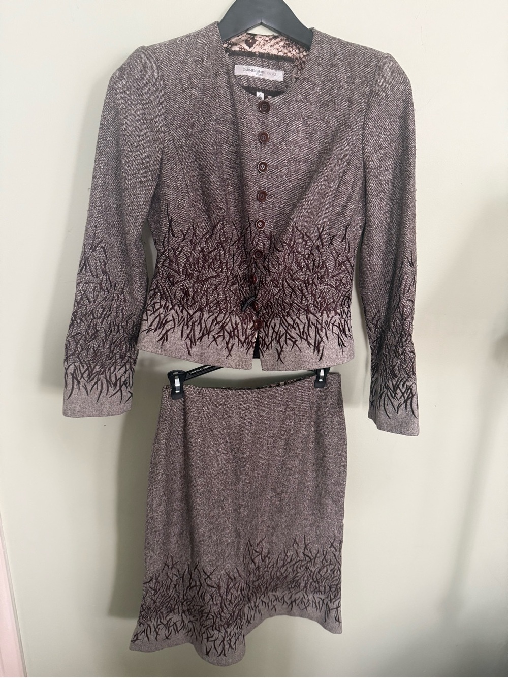 Carmen Marc Valvo Taupe Embroidered Two-Piece Skirt Set